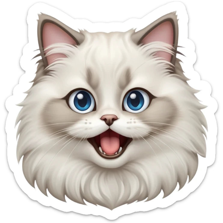 cinematic-adorable-big-eyed-fluffy-ragdoll-cat-portrait-emoji,-head-tilted-playfully-with-a-cute,-exaggerated-yawn,-white and grey fur,-simplified-yet-irresistibly-cute-features, blue eyes sticker