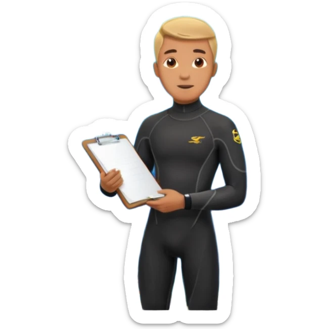 male marine conservationist in a wetsuit holding a clipboard surrounded by ocean life sticker