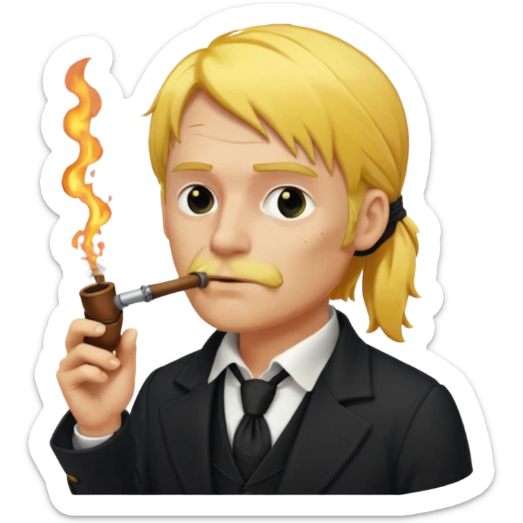 A man with yellow hair, in a black business suit, smoking a pirate pipe sticker