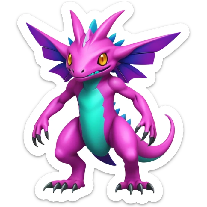 Tropical pastel dark bright vibrant futuristic lush warm-colored neon Fakémon-Vernid-Digimon-creature (full body) sticker