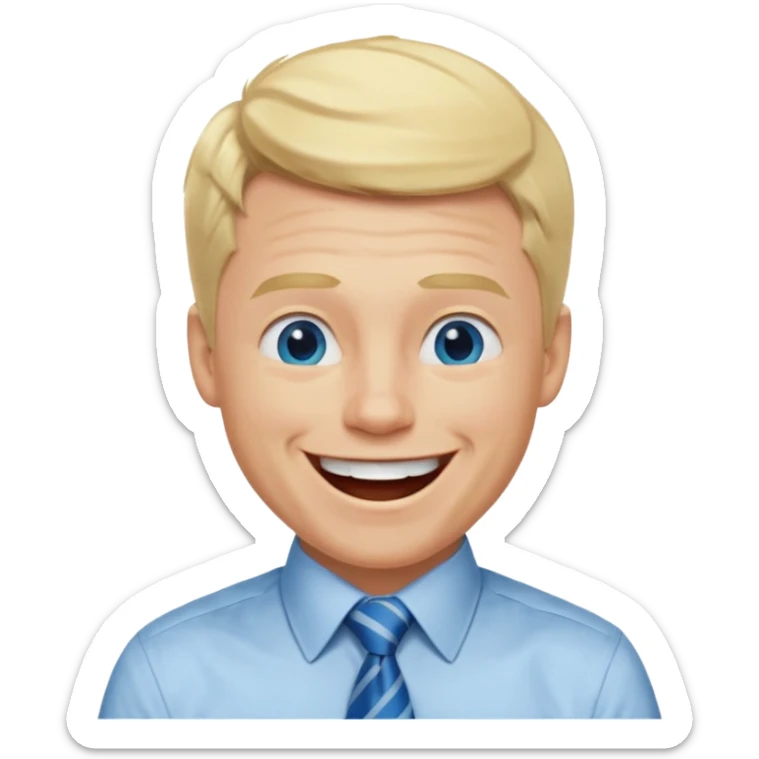 A guy with blonde hair and blue eyes that looks masculine. make him wear a shirt with a tie. he is danish. He is laughing extremely hard. More extreme expression sticker