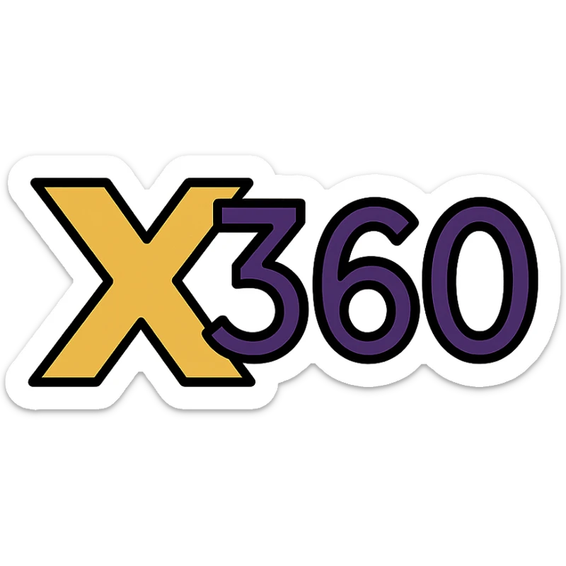 elegant logo-style emoji with initials 'X360' in gold, purple, and black, luxury event feel sticker