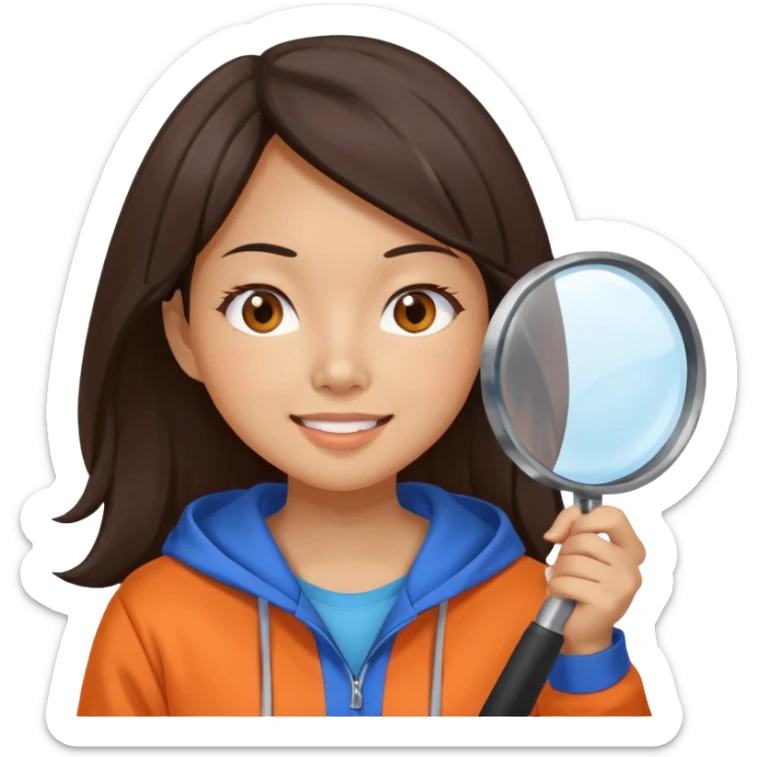 A brunette smiling asian woman wearing orange-blue hoodie holding a large magnifying glass and squinting at something to intently sticker