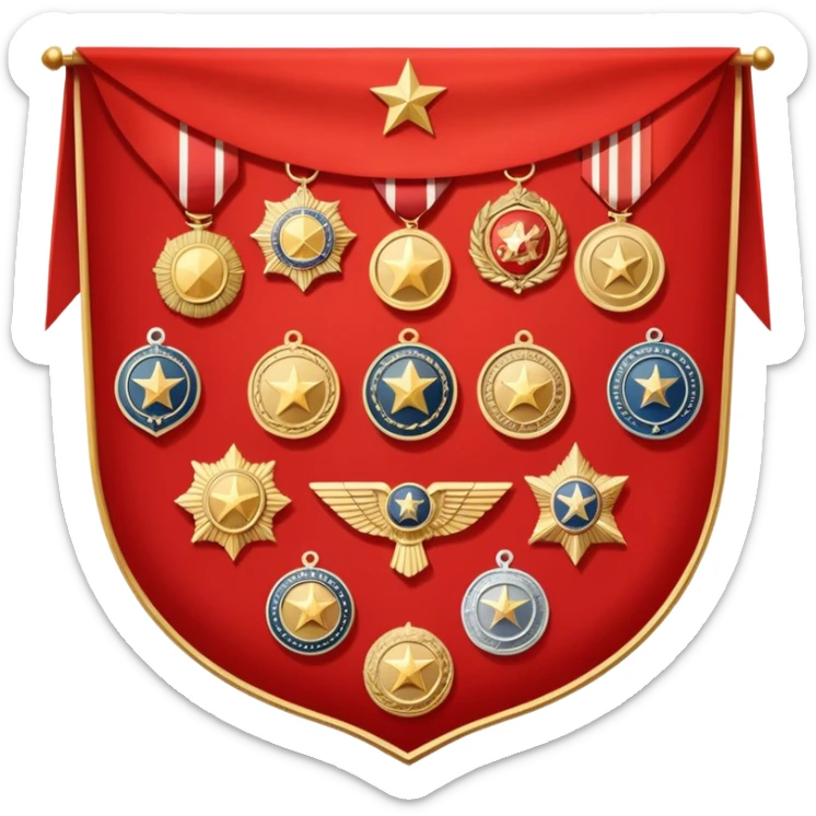 Icon for Collecting Orders, Medals & Badges: a variety of vintage orders, medals and badges, displayed neatly on a big red pennant or in a display case. The icon should reflect the honor and historical significance of these collectible items. Transparent background. sticker