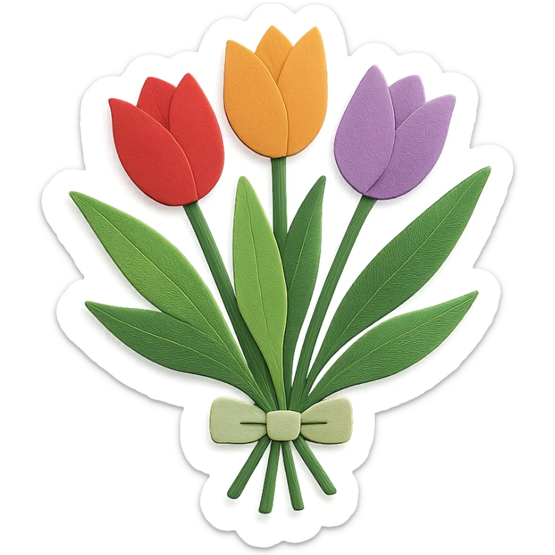 bouquet of tulips, layered paper details, multiple tulip colors, elegant arrangement, green leaves sticker