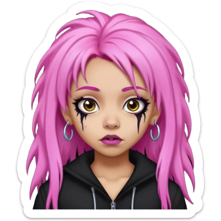 girl,lightsinvampire, pink hair, very longhair , shaggy, dark, spooky,double eyebrow dermal piercing, creepy expression sticker