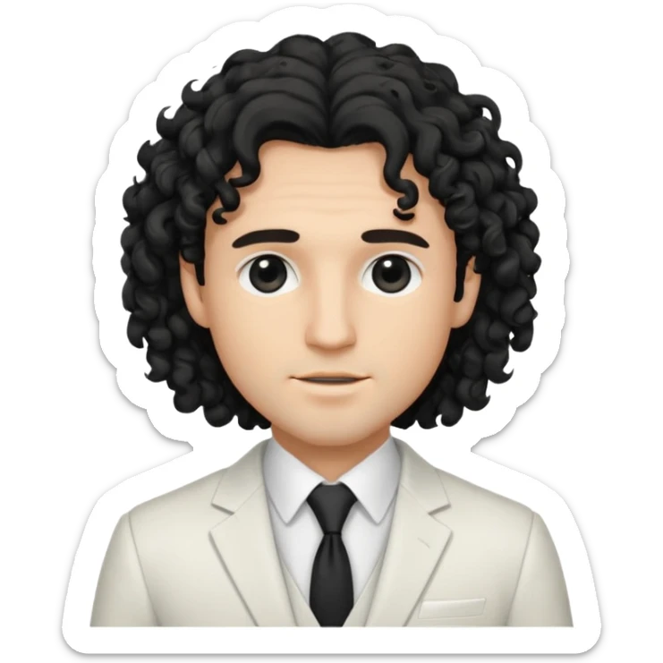 Cockasian guy with black long curly hair thats on his face and black eyes wearing a White simple suit guy  sticker