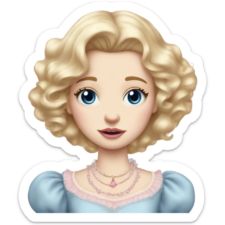 Crying girl with blonde hair pale skin blue eyes. Pink lips blush (but not too much). Vintage blowout with long hair not too curly.  light pink princess dress, puffed sleeves, dainty choker necklace (think Versailles but not too much).  sticker