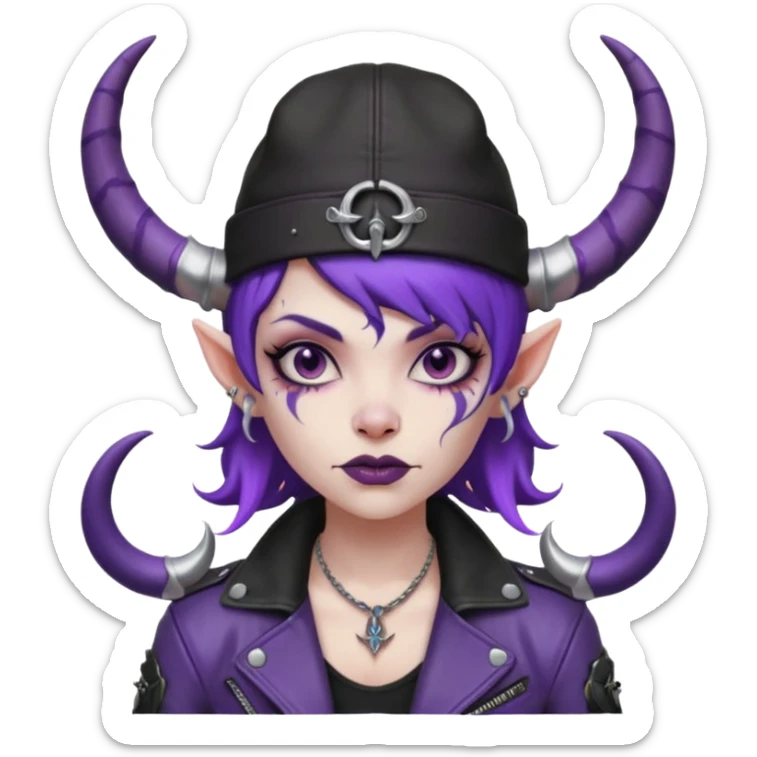 purple girl demon with tattoos, hat, jacket and horns sticker