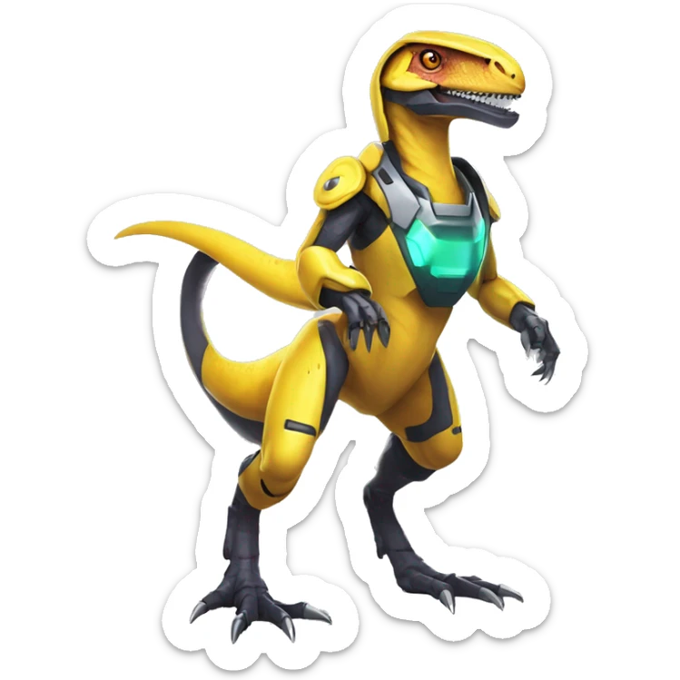 Shiny Edgy Velociraptor-Genesect-Fakémon-Pokémon wearing a with a futuristic cyber-helmet And suit Full Body sticker