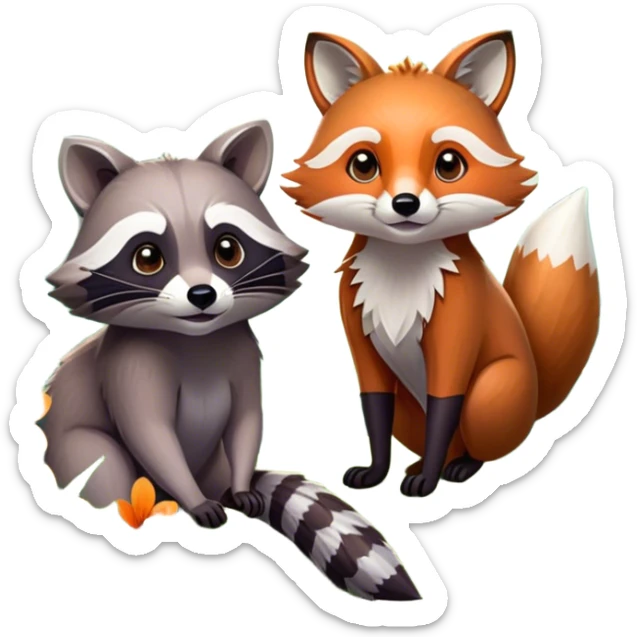 Collage of a raccoon and a fox, in close-up, set in a beautiful forest with tall trees, green bushes, and sunlight filtering through the leaves and flowers. A vibrant, wild atmosphere with a transparent background. sticker