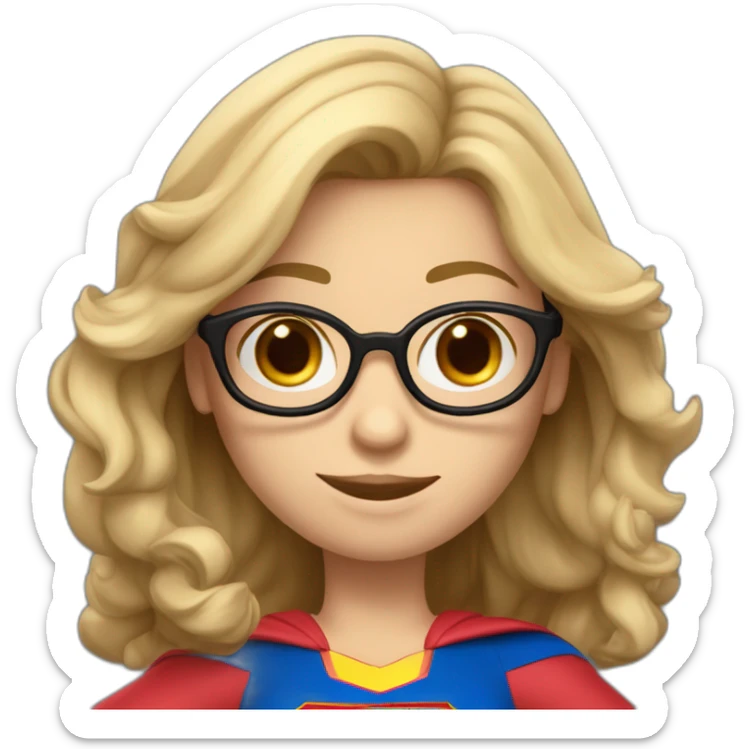 Caucasian Supergirl upper body long wavy hair and glasses showing an F letter sticker