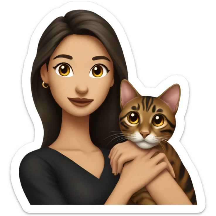 Beautiful skinny woman long dark brown hair in dark dress with gold earrings hug bengal cat sticker