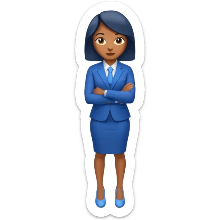 black woman in a blue smart suit and shoes, arms crossed, assertive stance, emoji style sticker