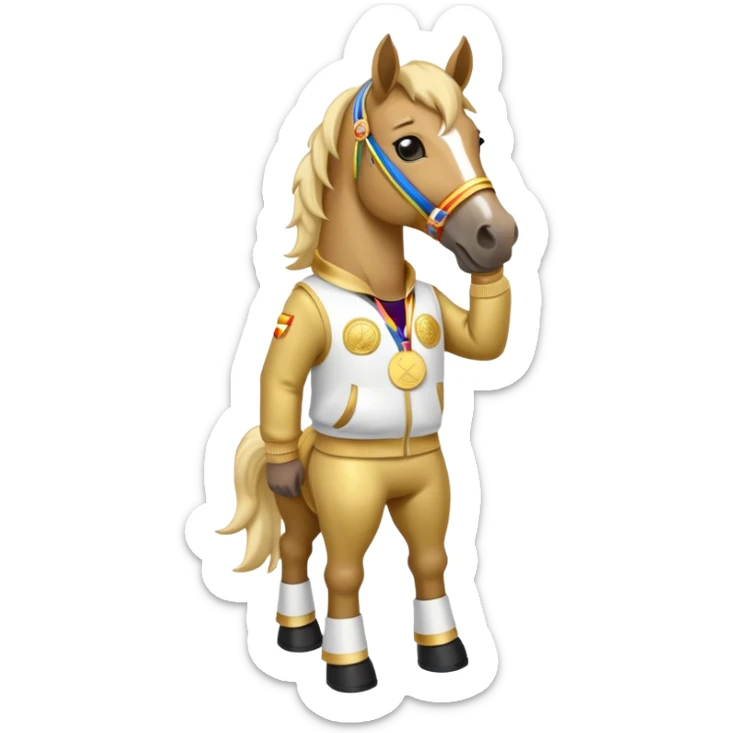 anthropomorphised horse in a hip-hop outfit, wearing a gold medal sticker