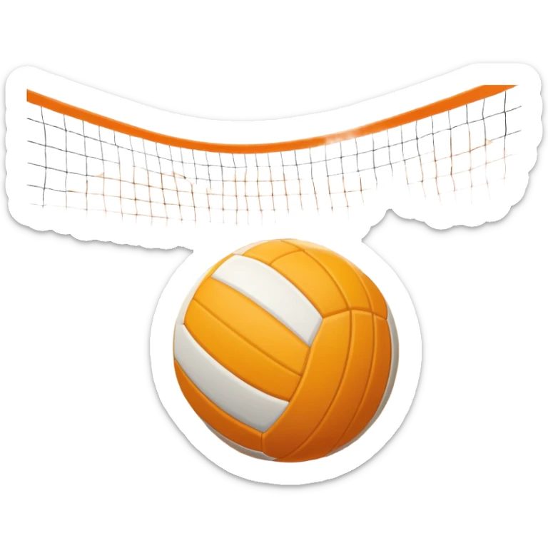 The scene captures a sunny sea beach atmosphere with clear blue sea and sky, palm trees swaying. A volleyball resting on the orange sand ground of a beach, with a volleyball net in the background.  sticker