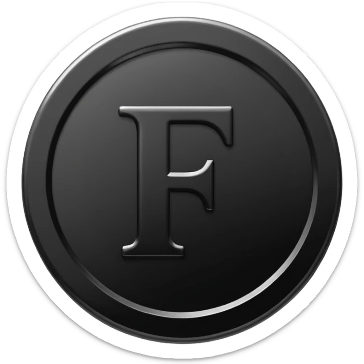Emoji icon of a black coin with engraved letter F, minimalist style, isolated, no color sticker