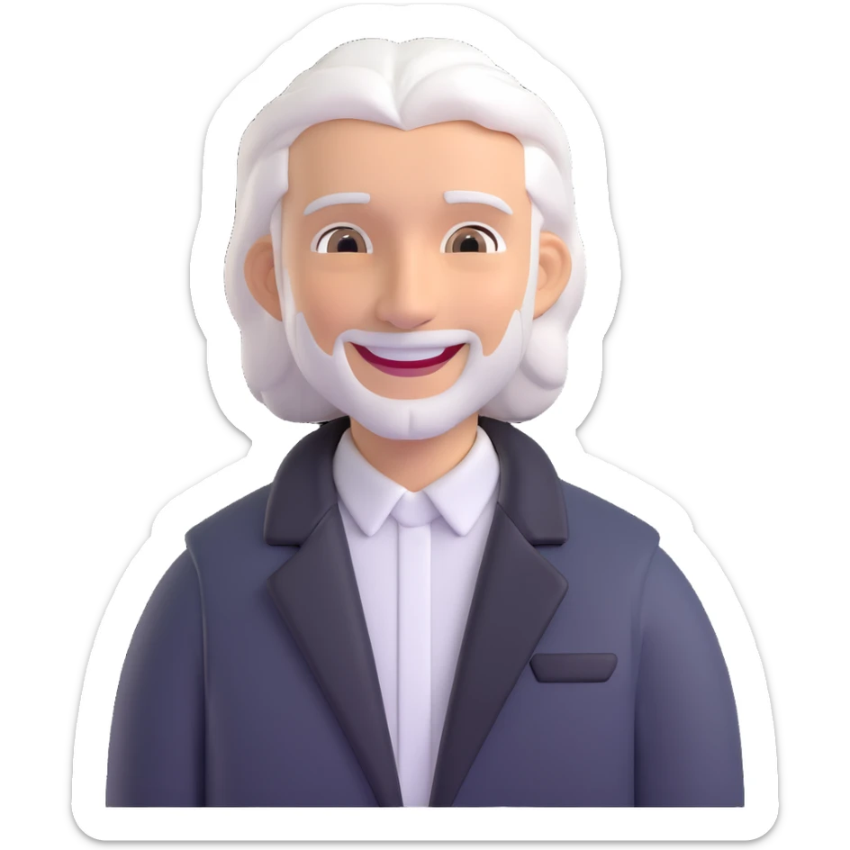 Man with white hair parted in the middle, black in color, shoulder-length, smiling, wearing a white shirt and a black jacket sticker