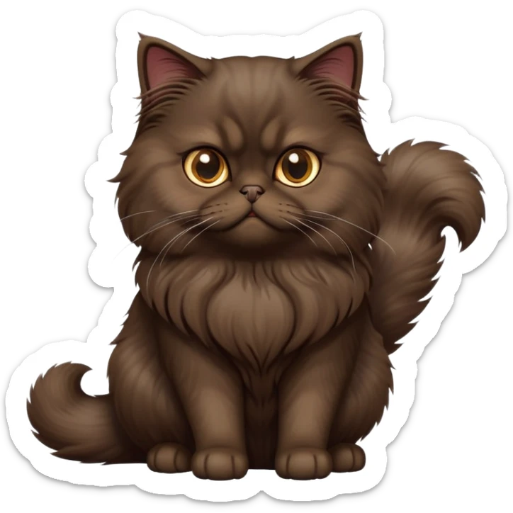 cinematic-[dark brown persian cat]-realistic-full-body-sitting-emoji,-tail-curled-playfully-around-its-paws,-head-tilted-dramatically,-fluffy-[dark brown]-fur,-simplified-yet-realistic-focused-features,-highly-detailed,-glowing-with-an-almost-sarcastic-glow sticker