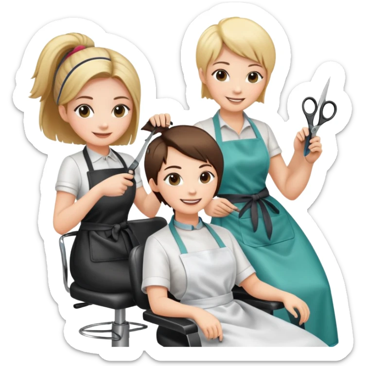 woman getting a haircut from a female hairstylist, both smiling, client sitting in chair with apron, hairstylist standing behind holding scissors sticker