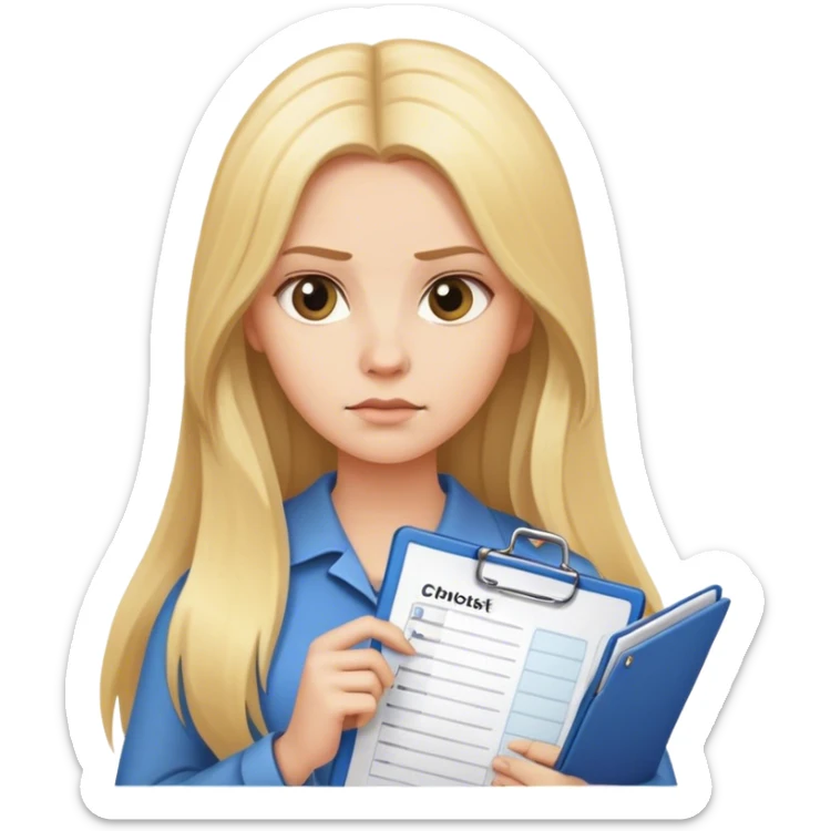 Woman with long blonde hair holding a checklist, looking serious at it sticker