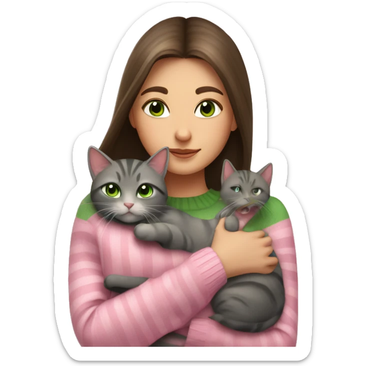 Brunette girl with long hair and green eyes in a pink sweater hugs a gray striped cat. The cat has brown eyes sticker