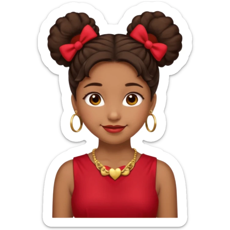 Brownskin girl dark brown hair fluffy.Two buns with red bows brown eyes smiling closed mouth red shift gold necklace sticker