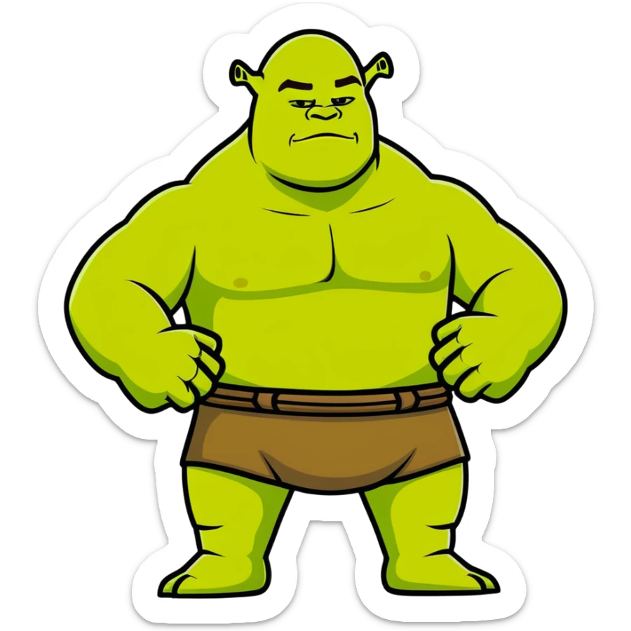 very muscular Shrek soothing Elon Musk, cartoonish style, bright colors sticker