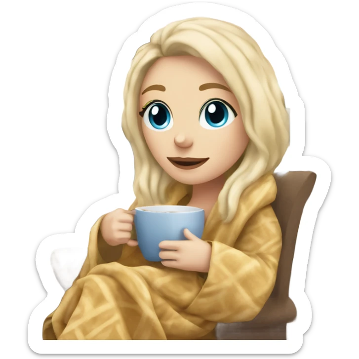 Blonde hair blue eyed white girl covered in blanket sitting on a cozy chair holding coffee sitting next to a snowy window sticker