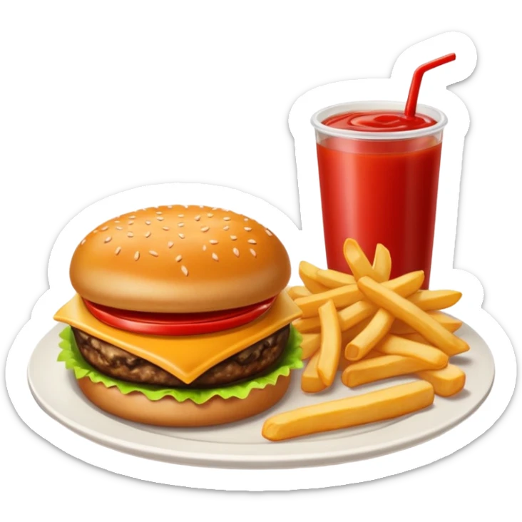 i want a Cheeseburger and Fries with a angle to 15–20° gentle bird’s-eye angle with 2 sauce round plate one is white and other is red with some fries thicker like mcdonald's sticker