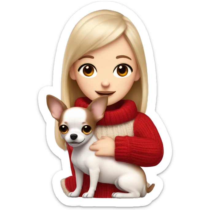 A girl with white skin color with dark brown eyes and brown hair in red sweater and straight bangs hugs white wool Chihuahua sticker