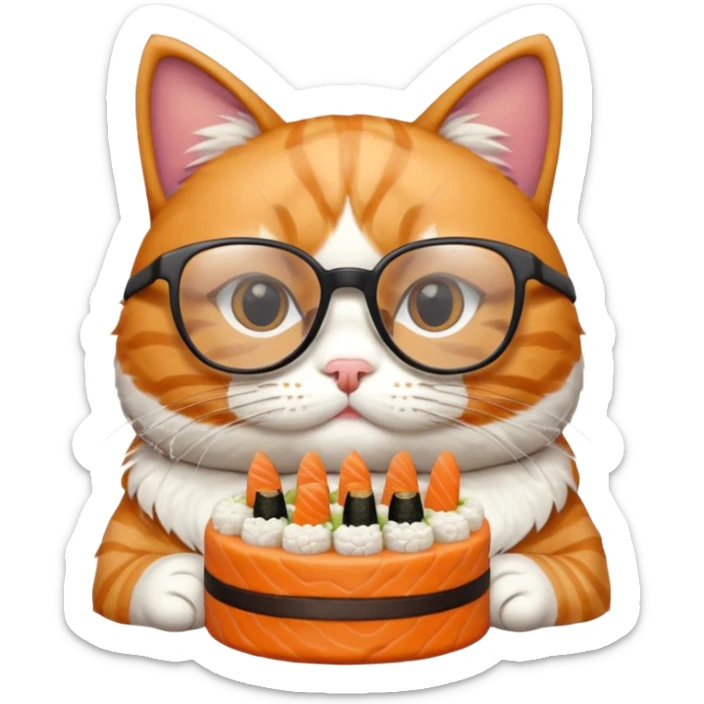 cat with cool thick square shaped glasses eating a birthday cake made out of sushi sticker