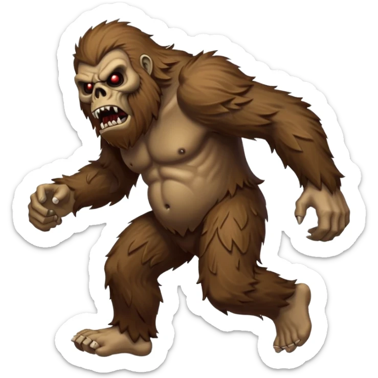 An angry sasquatch running full speed to the right in "blitzkrieg" mode. In the style of you bleeding skull art sticker