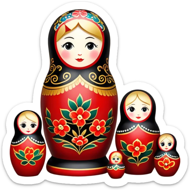 Wood painting icon, painted wooden matryoshkas (nesting dolls) of various sizes, vase, and small wooden box, visible carving tools, paintbrushes, traditional patterns in bright colors like red, gold, and black, no finished artwork, just the crafting process, minimalistic style, clean lines, transparent background. sticker