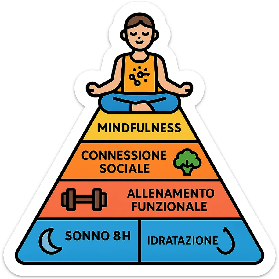 Piramide della salute in stile infografica moderna con livelli ben definiti, icone chiare, testi in italiano. Base Sonno 8h e Idratazione, centro Cibi integrali e Allenamento funzionale, cima Mindfulness e Connessione sociale. Figura meditativa in cima, corpo con elementi grafici per neurotrasmettitori e flora intestinale sana. sticker