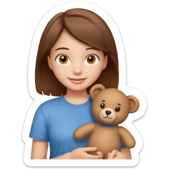 A Girl with Brown hair and Brown eyes with a t-shirt of a Teddy bear sticker