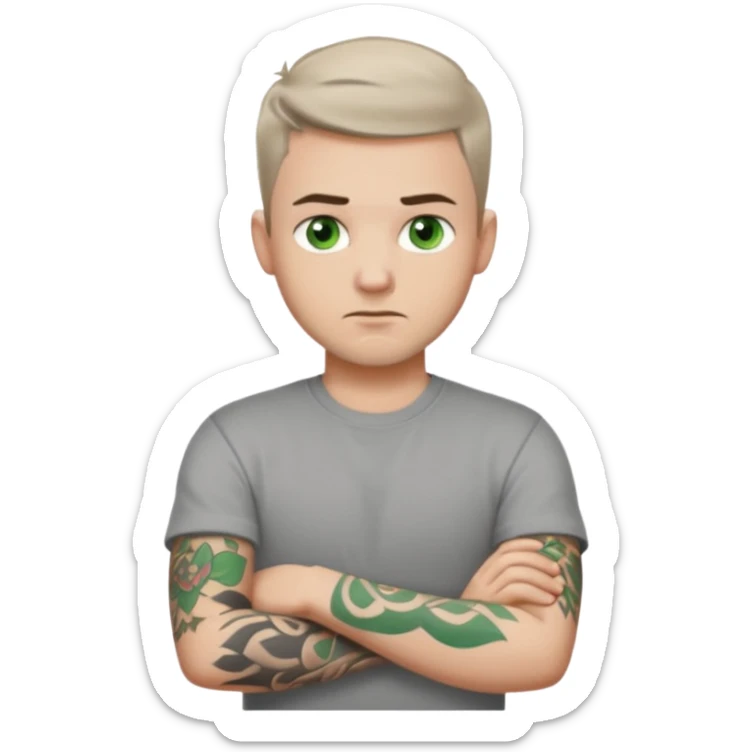 White young man with short dark taper fade hair cut and slight goatee and neutral expression with his arms folded. Green eyes and arm tattoos sticker