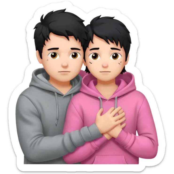generate a pretty bratz fair skinned boy with messy black hair in a grey hoodie. Hugging his girlfriend who is wearing pink. Make him muscled sticker