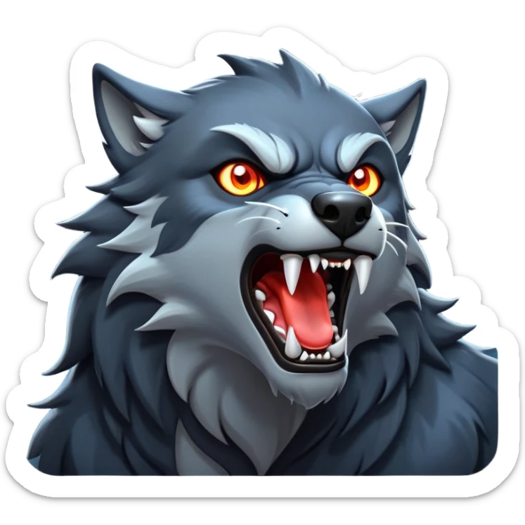 cinematic-noble-fierce-werewolf-howling-portrait-emoji, poised-and-imposing, with a fierce wolfish face tilted upwards in a haunting howl, glowing eyes full of primal ferocity, sharp, and a rugged snout, fur rippling in shades of midnight black and silver, muscles tensed as the powerful howl echoes beneath the moonlit sky; rendered with realism, capturing the raw, untamed power of the beast in its wild, primal state sticker