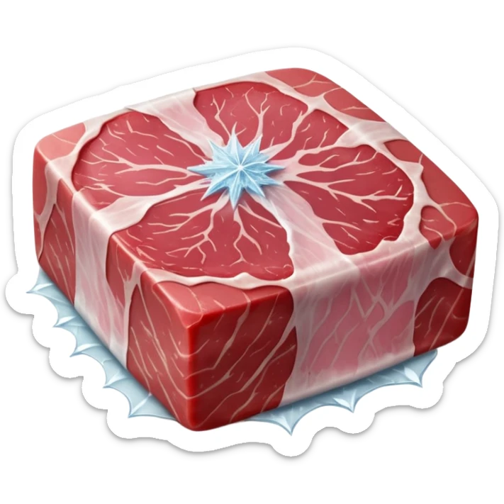 single raw meat cut steak or filet wrapped in thin layer of frosty plastic film with visible ice crystals slightly opaque surface pink to red meat with subtle marbling stiff edges frozen solid no tray no label no extras soft lighting subtle shadows emoji scale sticker