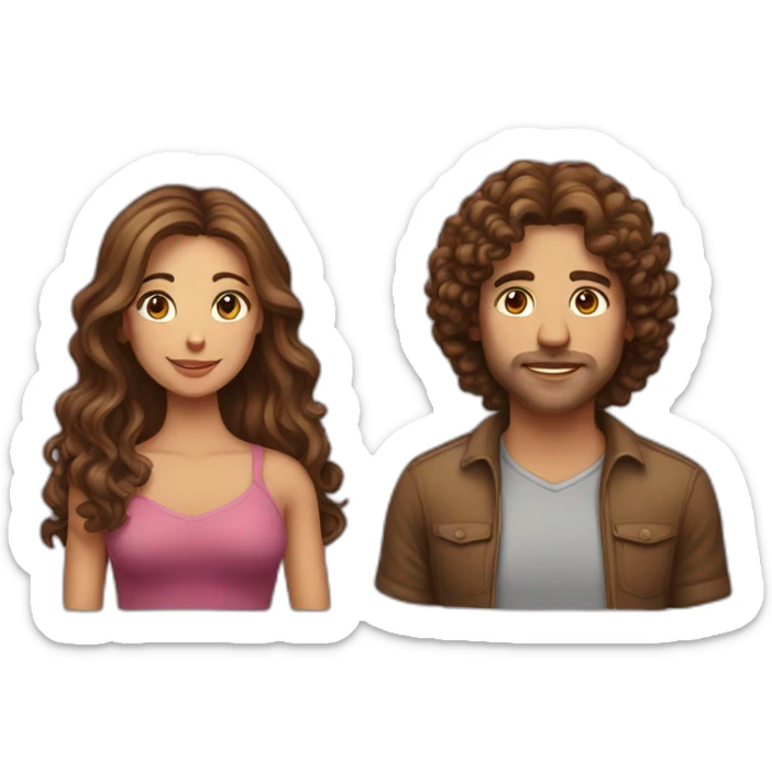 a heterosexual couple, woman with brown long hair, man with brown curly hair sticker