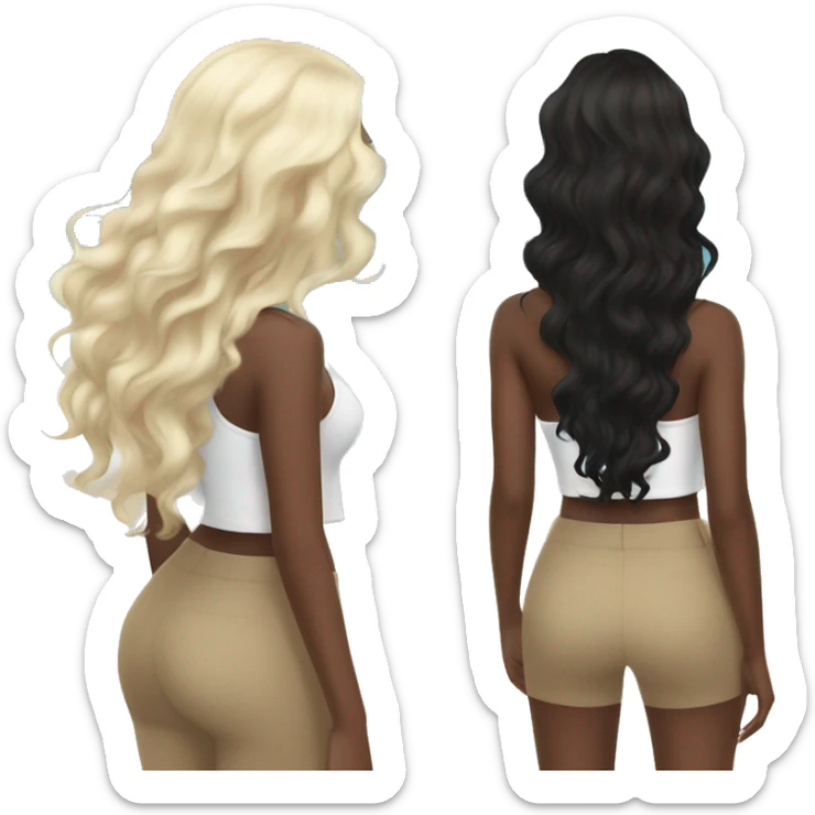the back side of a brown women, with black hair, a white crop top, wavy long hair, beach sticker