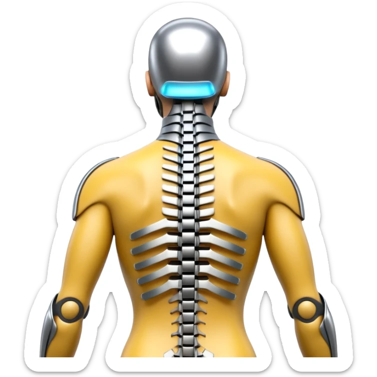 3D render of Exoskeleton Spine, futuristic cyborg aesthetic, fusion of organic skin and chrome metal, chrome metal vertebrae on a human back, emoji style, isolated on white background --v 6.0. sticker