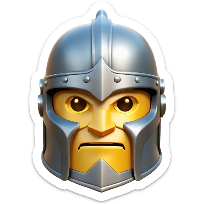 Clash of Clans aesthetic: Cinematic heroic Steel full face Helm Emoji, rendered in a 3D vector-style similar to standard emojis with minimal shading and bold, simplified shapes. A compact, isometric helmet crafted of shining steel with intricate engravings and a protective visor, softly glowing with a noble warrior charm. Simplified yet unmistakably iconic, highly detailed and consistent, glowing with a soft radiant gleam and high polish. Stylized with a touch of chivalric tradition and a soft glowing outline, capturing the essence of a stalwart battle helm with a friendly, playful manner! sticker