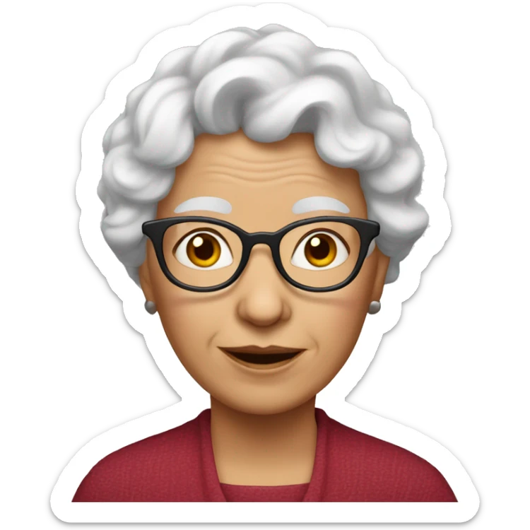 White Grandma emoji, wearing cat-eye shaped rim glasses and red wavy hair sticker