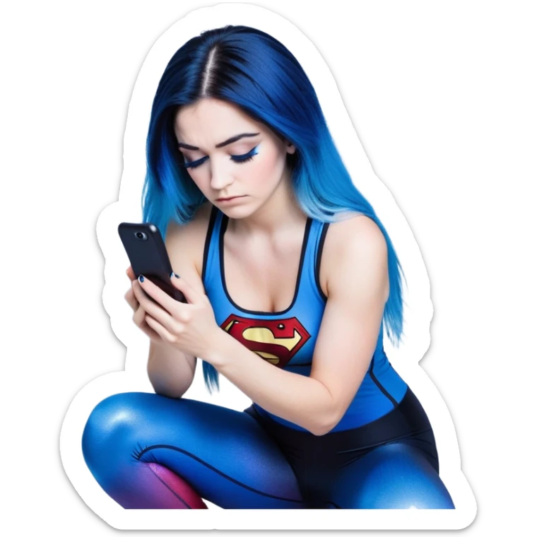 Disapponted-big tears-head back texting on phone-very very large upper body-sexy face-bending forward at waist-very long very straight dark blue to light blue ombre hair-and-blue eyes-thick black eyeliner-long eyelashes-iridescent blue lowcut tanktop with black leggings with glitter superman logo sticker