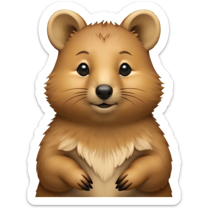 Cinematic Noble Quokka Portrait Emoji, Poised and regal, with a compact, endearing build and a smooth, well-groomed brown fur that glows with a hint of golden warmth, deep-set soulful eyes radiating kindness, Simplified yet sharp and sophisticated features, highly detailed, glowing with a soft, dignified glow, high shine, intelligent and joyful, stylized with an air of marsupial charm, focused and attentive, soft glowing outline, capturing the essence of a watchful and confident quokka, so majestic it feels as though it could bounce out of the screen with effortless authority! sticker