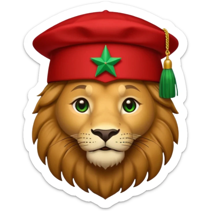 Cute lion emoji face wearing a red Moroccan fez with a green star on the front and a black tassel on the right side. Solid dark-blue background. sticker