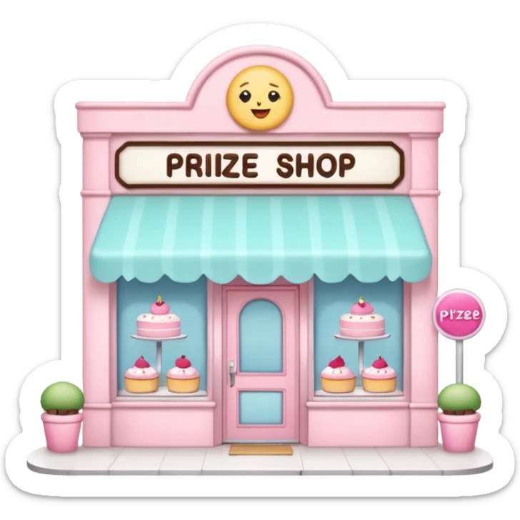 pastel pink cake bakery exterior view with a sign above the door that says 'Prize Shop', simple and cute, emoji style sticker