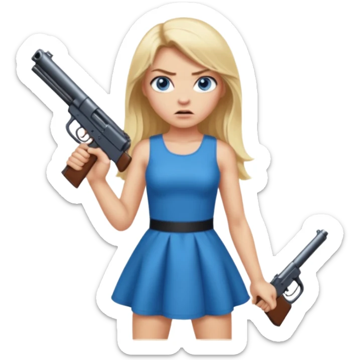Beautiful  blue eye blonde Long Hair Gangsta girl in a short sexy  Dress Looks angry  with a big gun sticker
